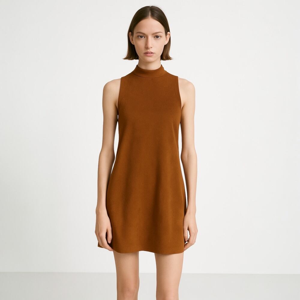 She + sky Brown Faux Suede Sleeveless Cut-out Mock Neck Back Zip Mini Dress Sz M